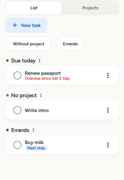 The Tasks screen: tasks grouped by due today and by project, with a Next step label.