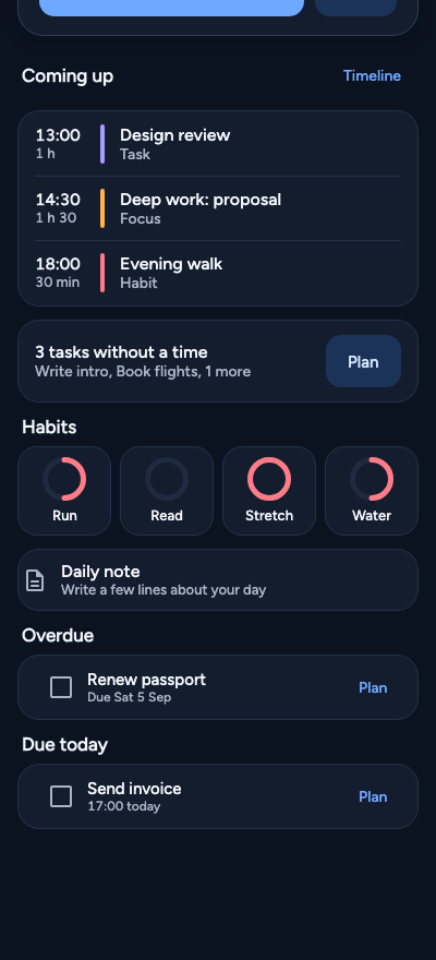 Tiver's Today screen in dark mode.