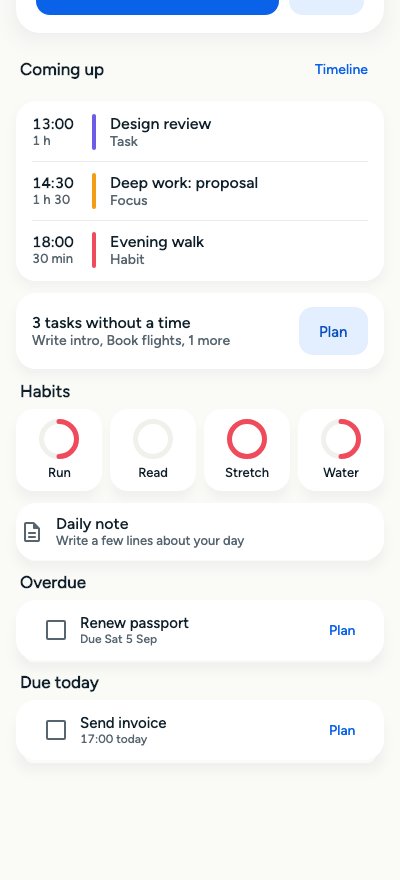 Tiver's Today screen: a ribbon showing the shape of the day, the next focus block with a Start focus button, what is coming up, tasks without a time, and habit rings.